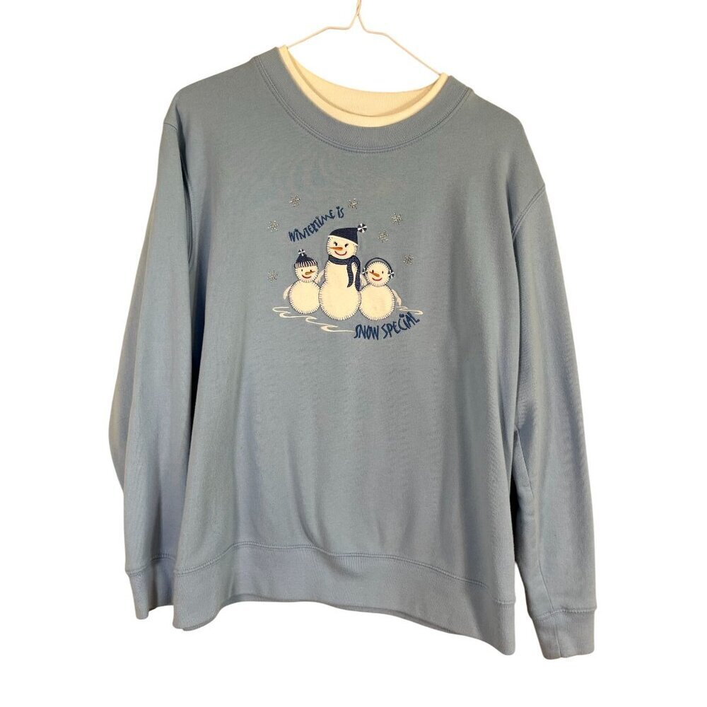 MC Sportswear Sweatshirt Women PL Blue Pullover Festive Snowman Holiday 80s
